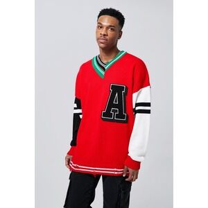 boohoo Man Distressed Knitted Sweater Red Colorblock Men's Size XL Oversized NEW